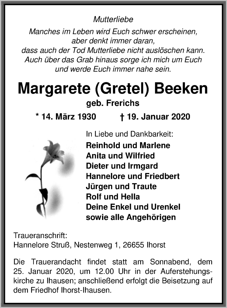  Traueranzeige für Margarete Beeken vom 22.01.2020 aus Nordwest-Zeitung