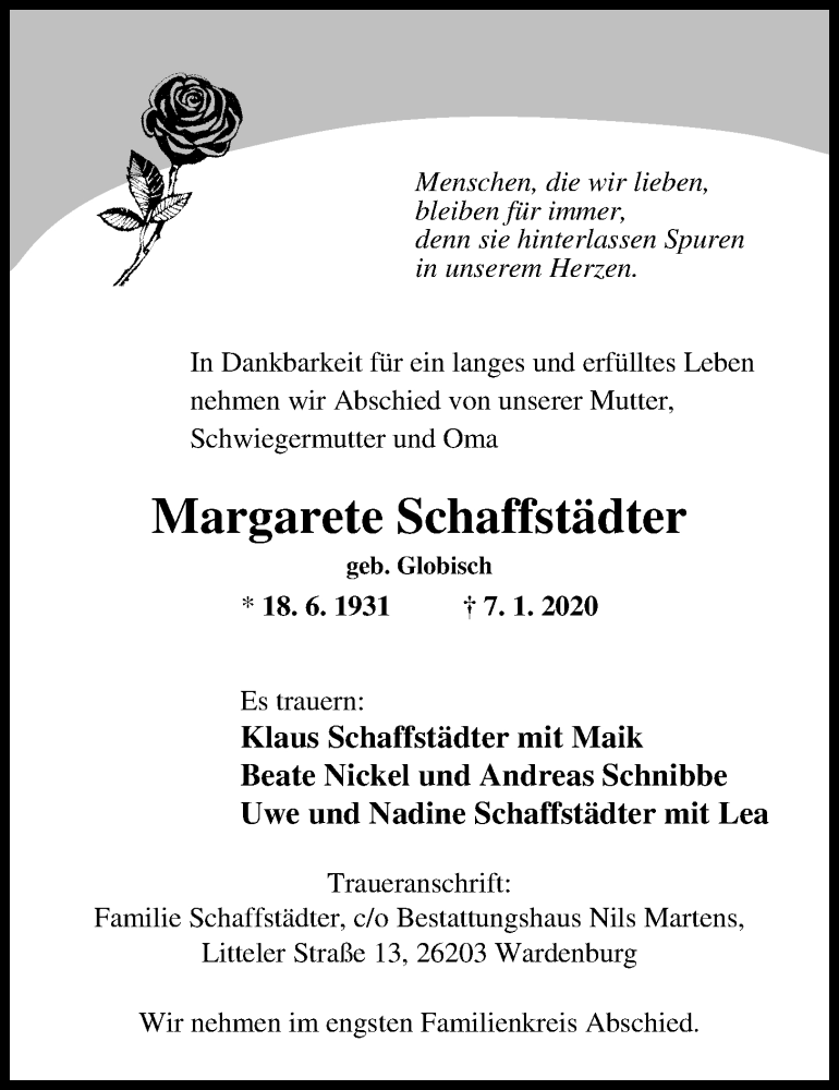  Traueranzeige für Margarete Schaffstädter vom 11.01.2020 aus Nordwest-Zeitung