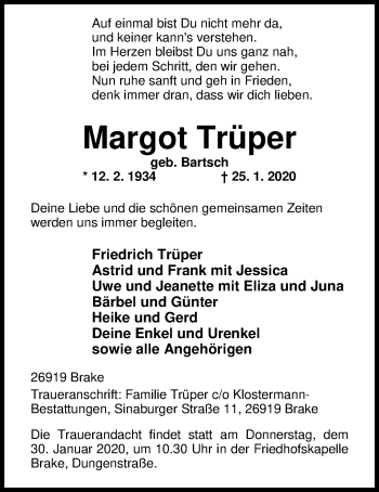 Traueranzeige von Margot Trüper von Nordwest-Zeitung