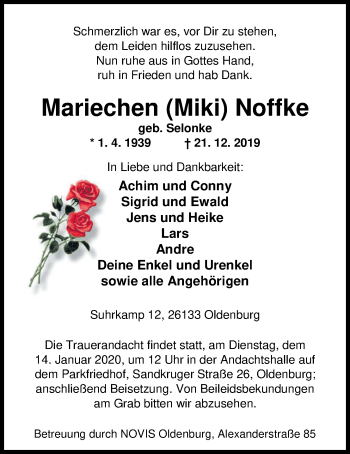 Traueranzeige von Mariechen Noffke von Nordwest-Zeitung