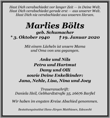 Traueranzeige von Marlies Bölts von Nordwest-Zeitung