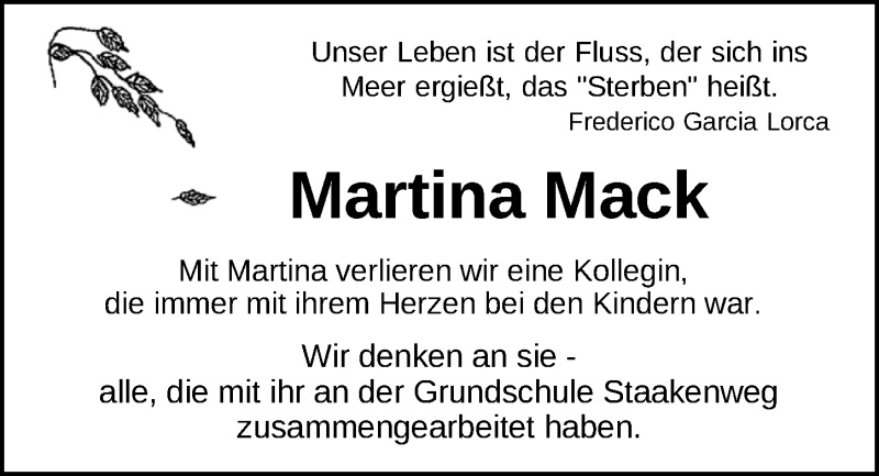  Traueranzeige für Martina Mack vom 28.01.2020 aus Nordwest-Zeitung