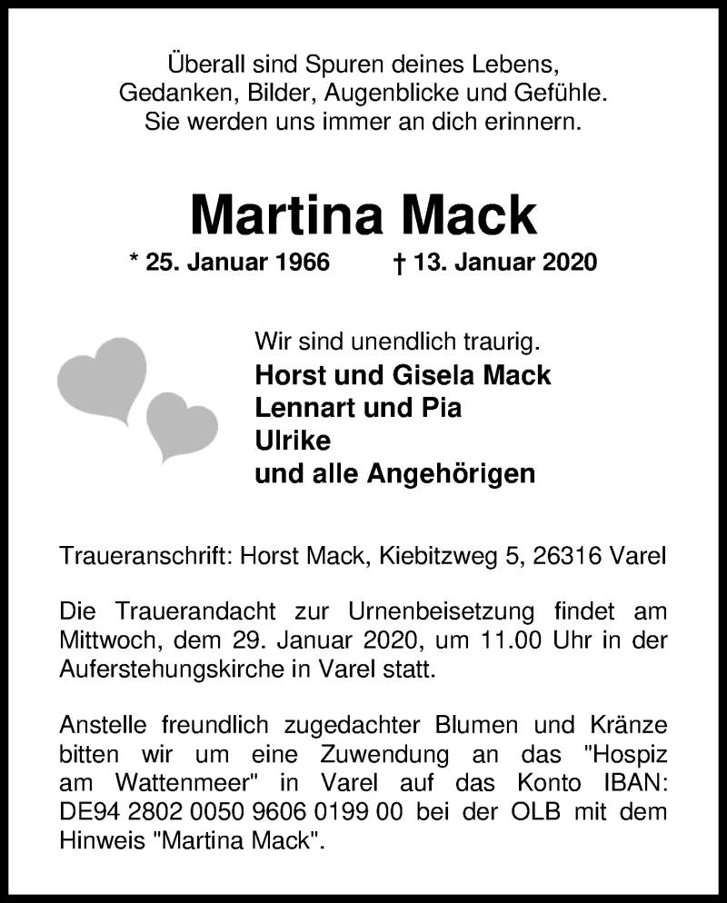  Traueranzeige für Martina Mack vom 27.01.2020 aus Nordwest-Zeitung