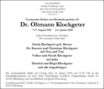 Traueranzeige von Oltmann Klockgeter von Nordwest-Zeitung