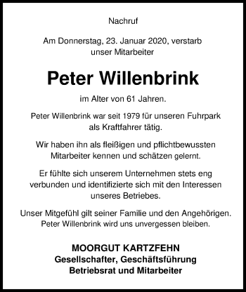Traueranzeige von Peter Willenbrink von Nordwest-Zeitung