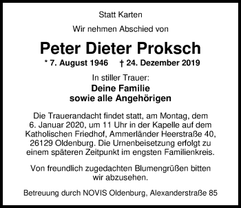 Traueranzeige von Peter Dieter Proksch von Nordwest-Zeitung