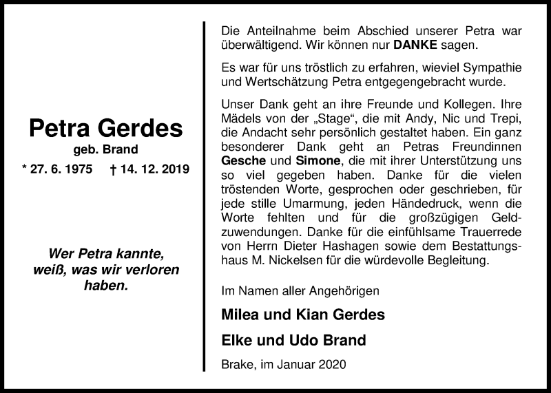  Traueranzeige für Petra Gerdes vom 17.01.2020 aus Nordwest-Zeitung