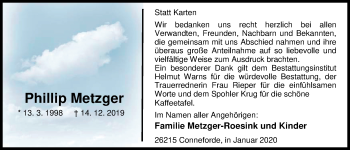 Traueranzeige von Phillip Metzger von Nordwest-Zeitung