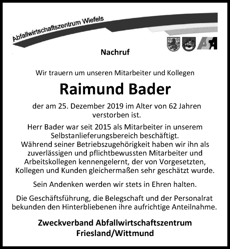  Traueranzeige für Raimund Bader vom 08.01.2020 aus Nordwest-Zeitung