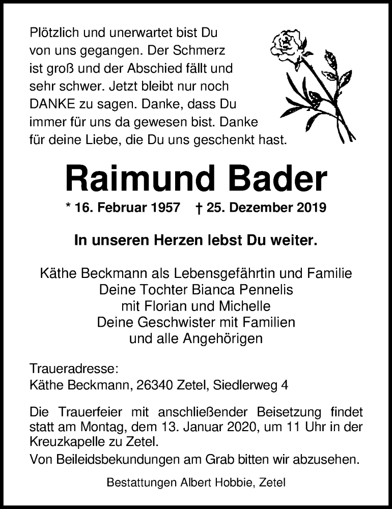  Traueranzeige für Raimund Bader vom 08.01.2020 aus Nordwest-Zeitung