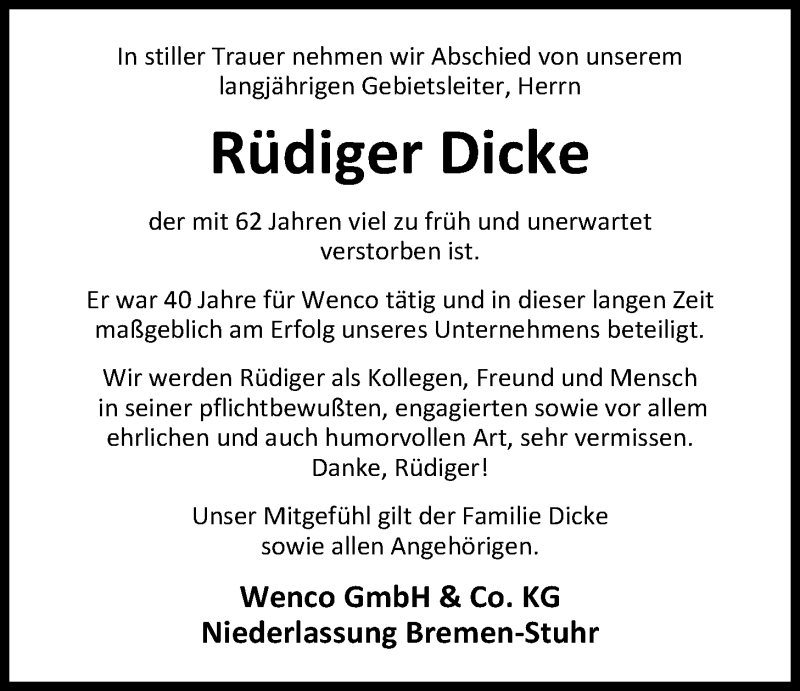  Traueranzeige für Rüdiger Dicke vom 28.01.2020 aus Nordwest-Zeitung