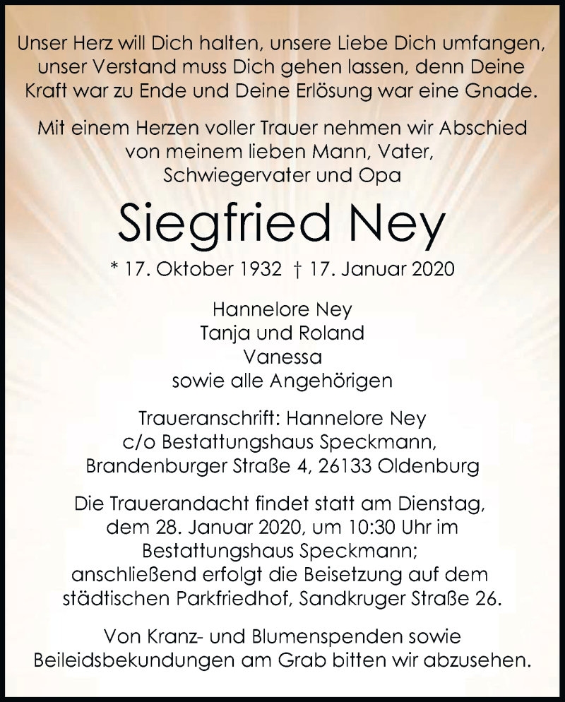  Traueranzeige für Siegfried Ney vom 22.01.2020 aus Nordwest-Zeitung