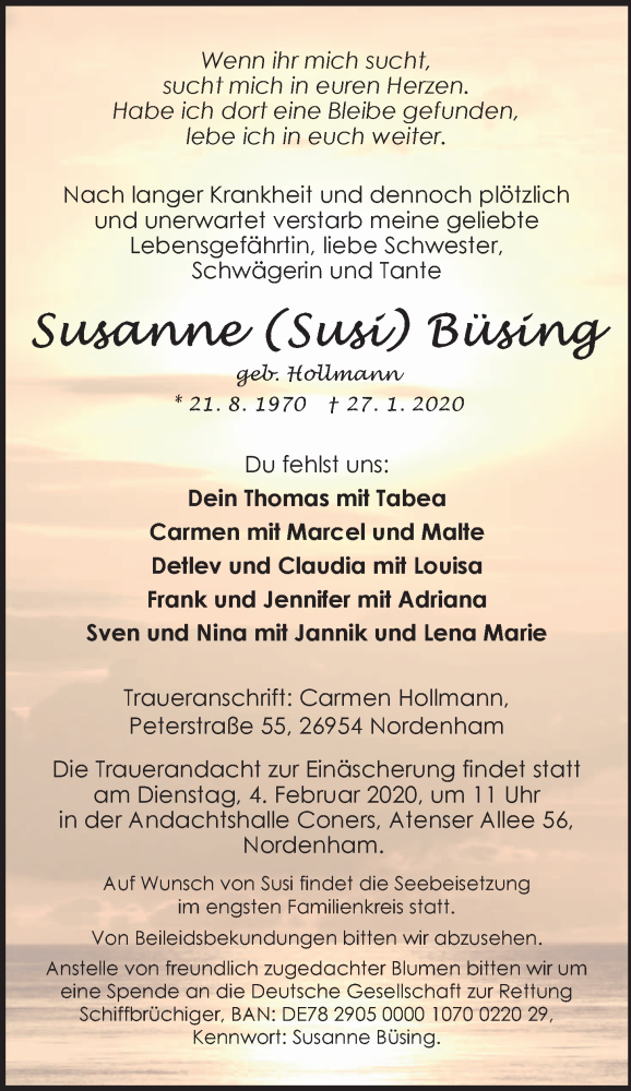  Traueranzeige für Susanne Büsing vom 31.01.2020 aus Nordwest-Zeitung