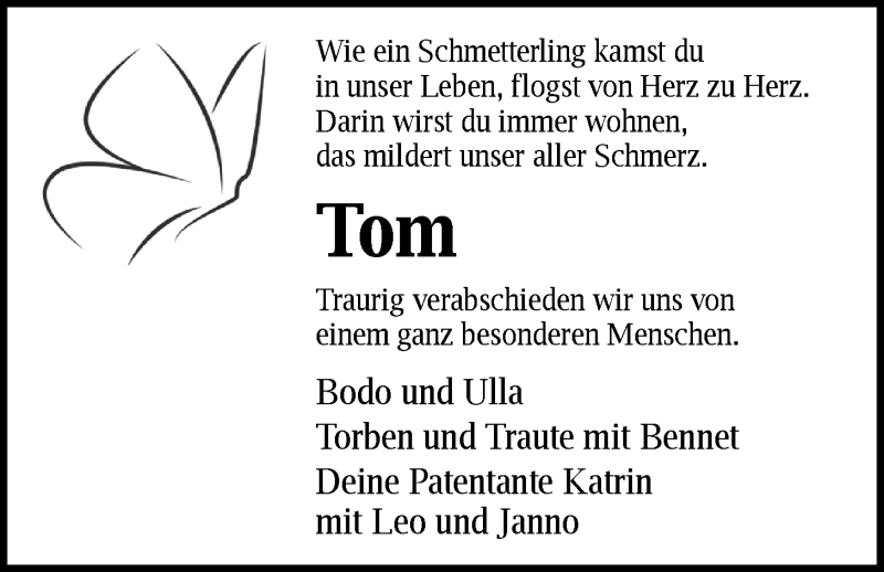  Traueranzeige für Tom Tjarks vom 21.01.2020 aus Nordwest-Zeitung