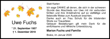 Traueranzeige von Uwe Fuchs von Nordwest-Zeitung