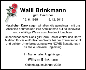 Traueranzeige von Walli Brinkmann von Nordwest-Zeitung