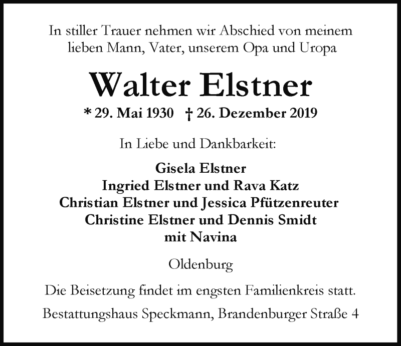  Traueranzeige für Walter Elstner vom 04.01.2020 aus Nordwest-Zeitung