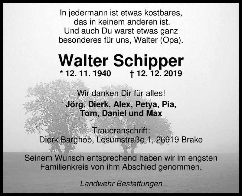  Traueranzeige für Walter Schipper vom 06.01.2020 aus Nordwest-Zeitung