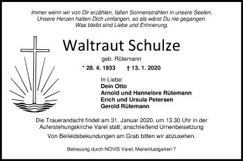 Traueranzeige von Waltraut Schulze von Nordwest-Zeitung