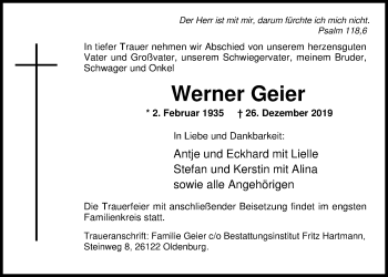 Traueranzeige von Werner Geier von Nordwest-Zeitung