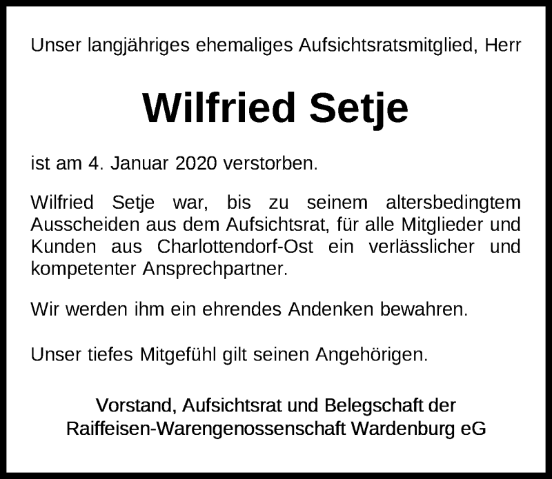  Traueranzeige für Wilfried Setje vom 08.01.2020 aus Nordwest-Zeitung