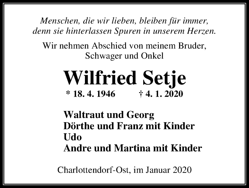  Traueranzeige für Wilfried Setje vom 07.01.2020 aus Nordwest-Zeitung