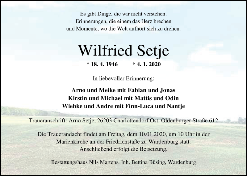  Traueranzeige für Wilfried Setje vom 07.01.2020 aus Nordwest-Zeitung