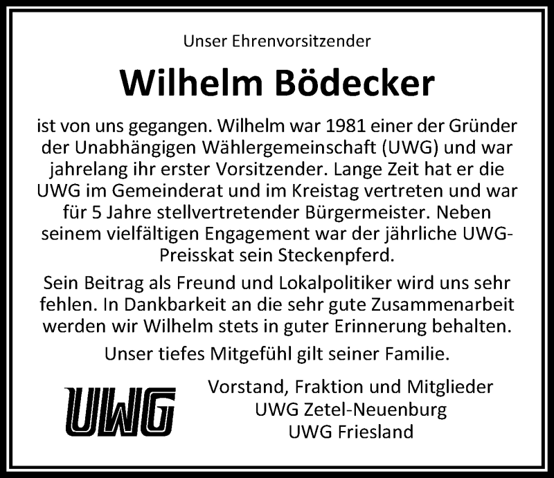  Traueranzeige für Wilhelm Bödecker vom 03.01.2020 aus Nordwest-Zeitung