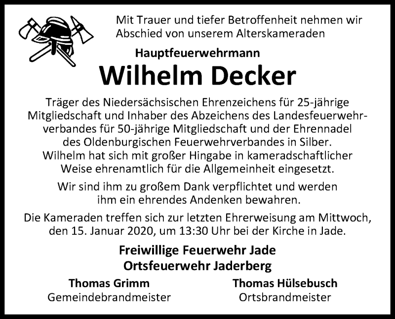  Traueranzeige für Wilhelm Decker vom 11.01.2020 aus Nordwest-Zeitung