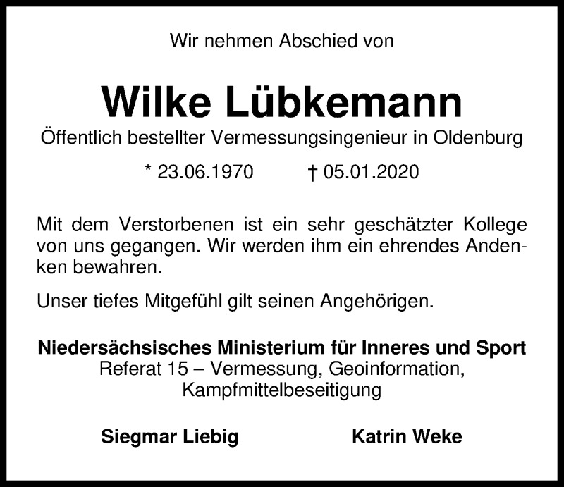  Traueranzeige für Wilke Lübkemann vom 14.01.2020 aus Nordwest-Zeitung