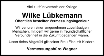 Traueranzeige von Wilke Lübkemann von Nordwest-Zeitung