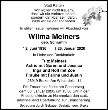 Traueranzeige von Wilma Meiners von Nordwest-Zeitung