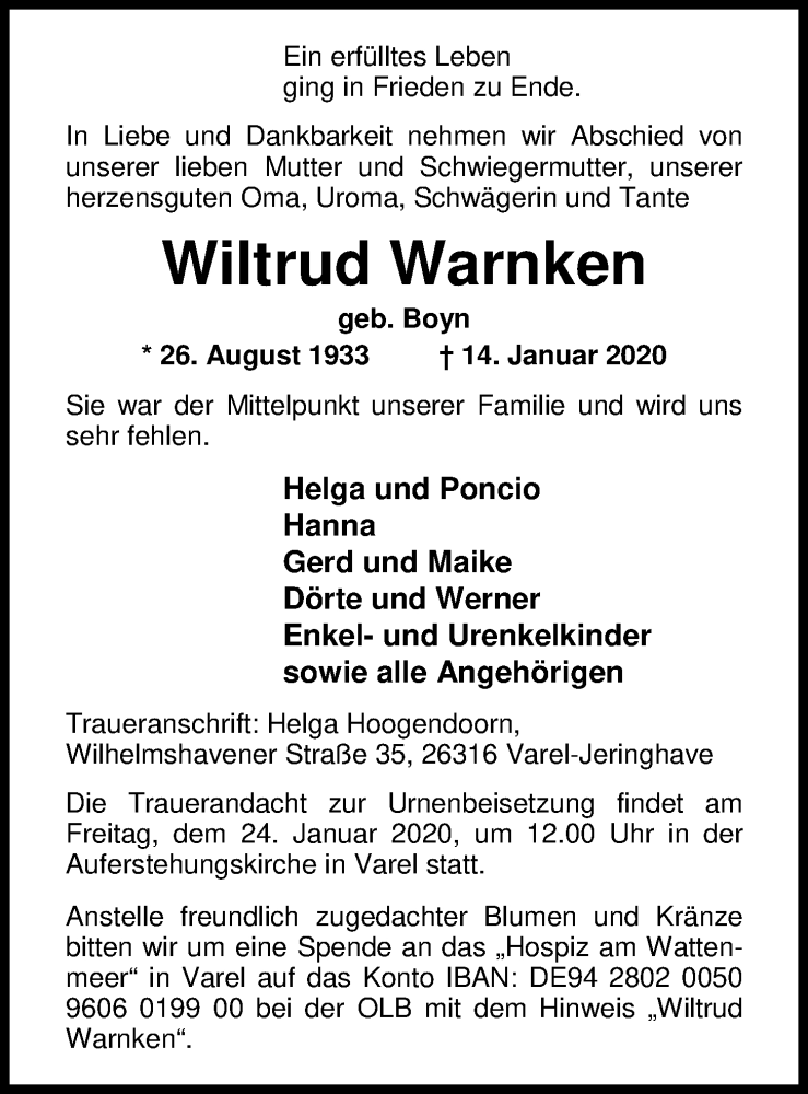  Traueranzeige für Wiltrud Warnken vom 17.01.2020 aus Nordwest-Zeitung