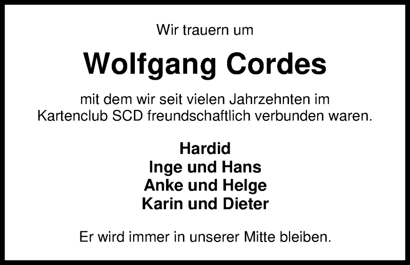  Traueranzeige für Wolfgang Cordes vom 18.01.2020 aus Nordwest-Zeitung