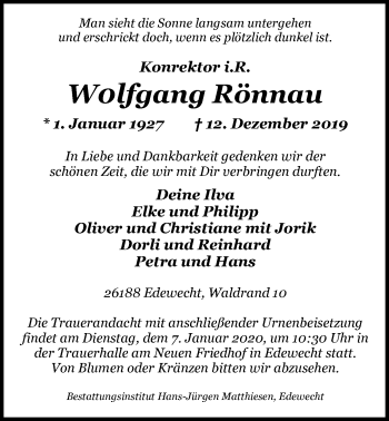 Traueranzeige von Wolfgang Rönnau von Nordwest-Zeitung