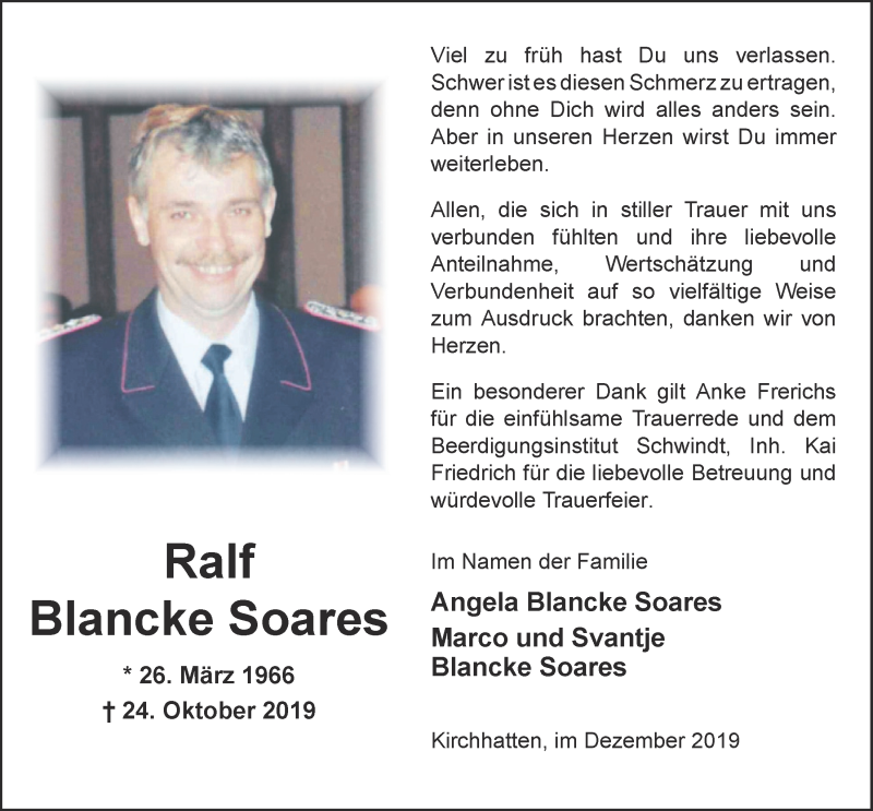  Traueranzeige für Ralf Blancke-Soares vom 14.12.2019 aus Nordwest-Zeitung