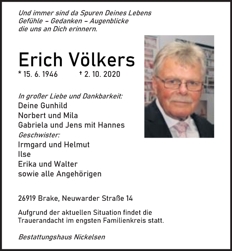  Traueranzeige für Erich Völkers vom 06.10.2020 aus 