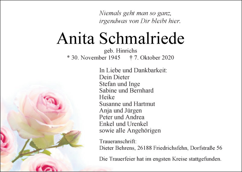  Traueranzeige für Anita Schmalriede vom 15.10.2020 aus Nordwest-Zeitung