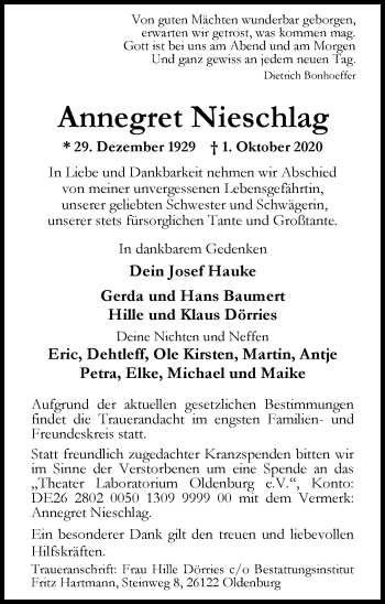 Traueranzeige von Annegret Nieschlag von Nordwest-Zeitung
