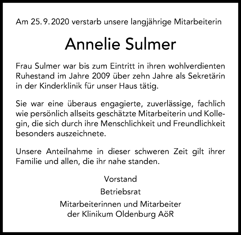  Traueranzeige für Annelie Sulmer vom 02.10.2020 aus Nordwest-Zeitung