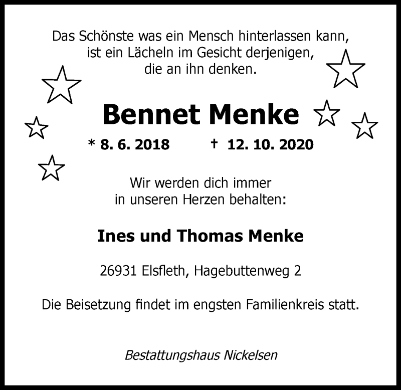  Traueranzeige für Bennet Menke vom 17.10.2020 aus Nordwest-Zeitung