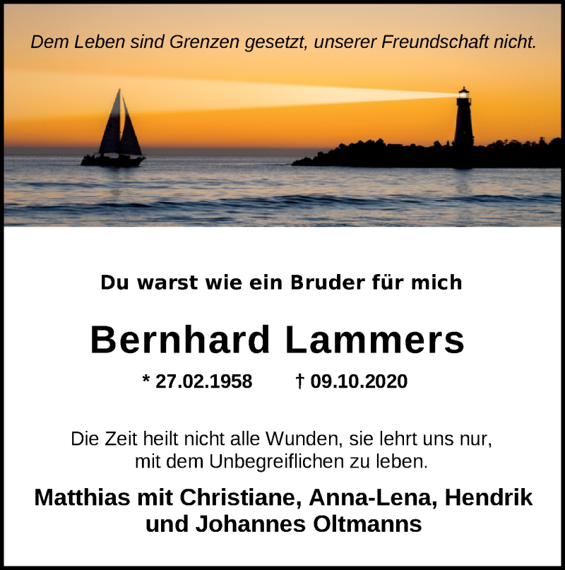  Traueranzeige für Bernhard Lammers vom 13.10.2020 aus Nordwest-Zeitung