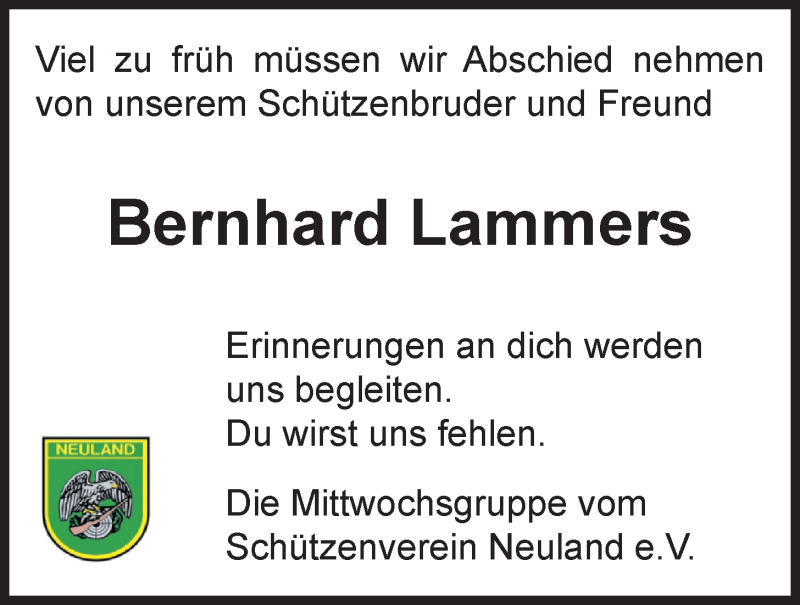  Traueranzeige für Bernhard Lammers vom 13.10.2020 aus Nordwest-Zeitung