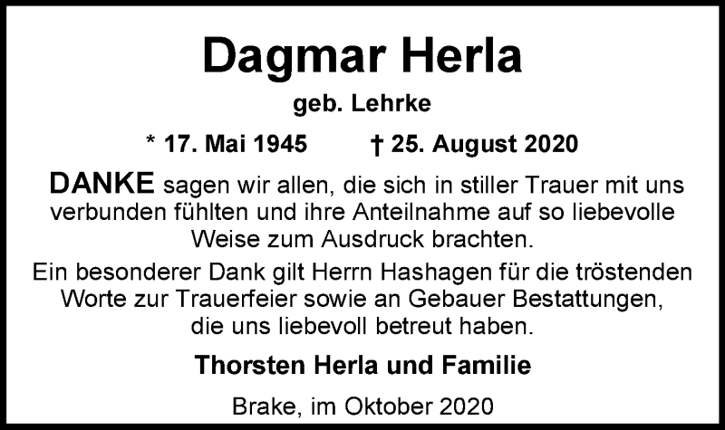  Traueranzeige für Dagmar Herla vom 19.10.2020 aus Nordwest-Zeitung