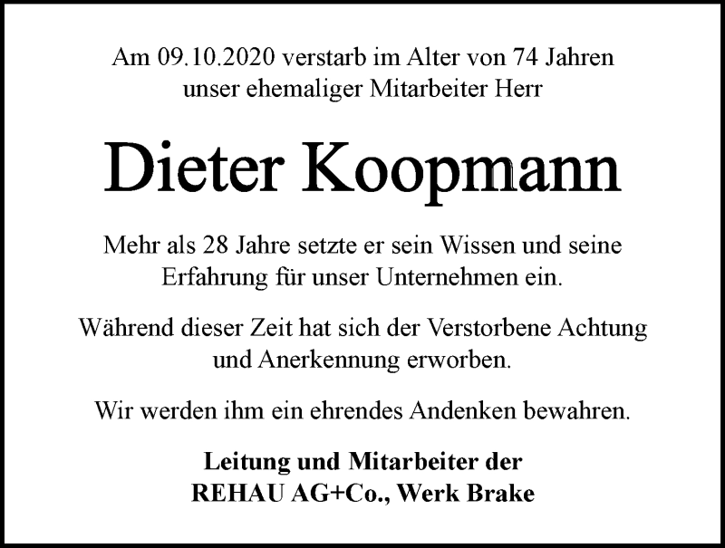  Traueranzeige für Dieter Koopmann vom 14.10.2020 aus Nordwest-Zeitung