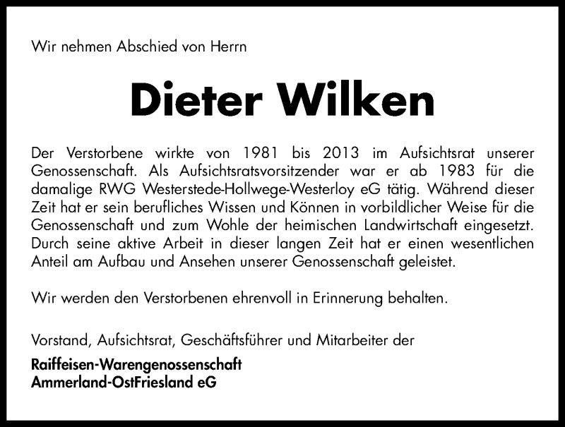  Traueranzeige für Dieter Wilken vom 10.10.2020 aus Nordwest-Zeitung
