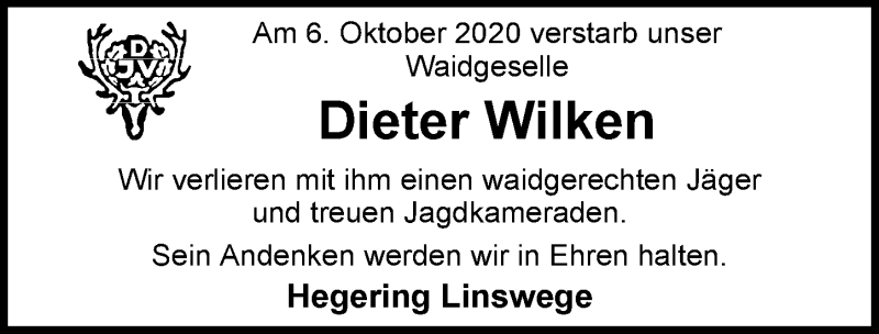  Traueranzeige für Dieter Wilken vom 10.10.2020 aus Nordwest-Zeitung