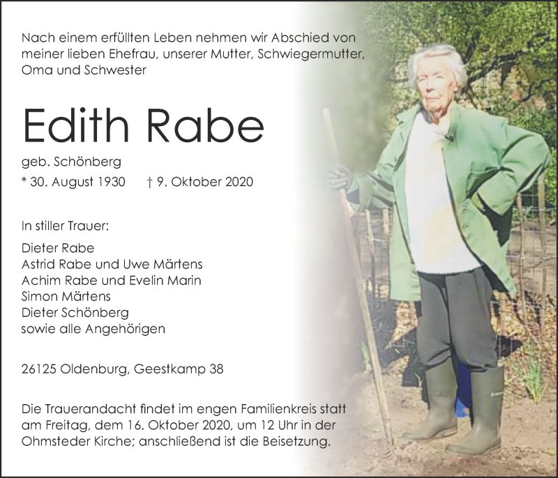  Traueranzeige für Edith Rabe vom 14.10.2020 aus Nordwest-Zeitung