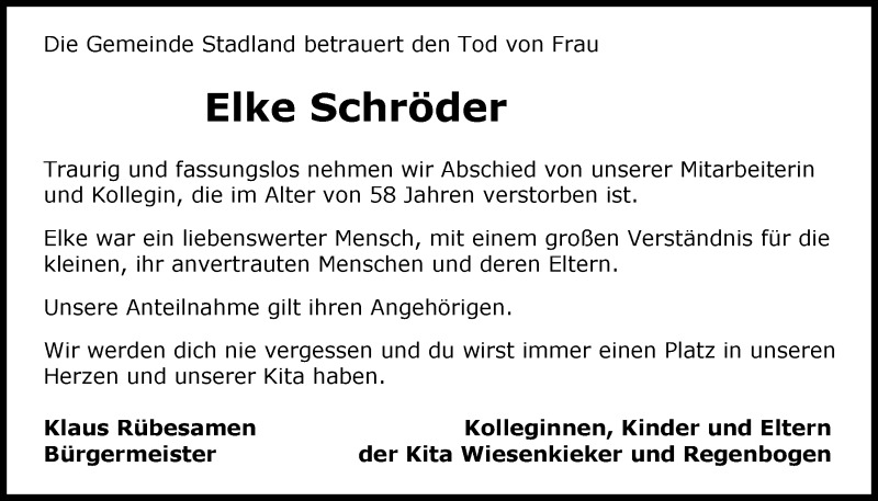  Traueranzeige für Elke Schröder vom 16.10.2020 aus Nordwest-Zeitung