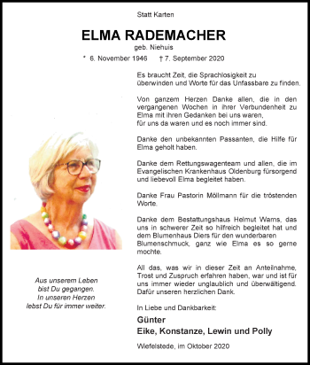 Traueranzeige von Elma Rademacher von Nordwest-Zeitung